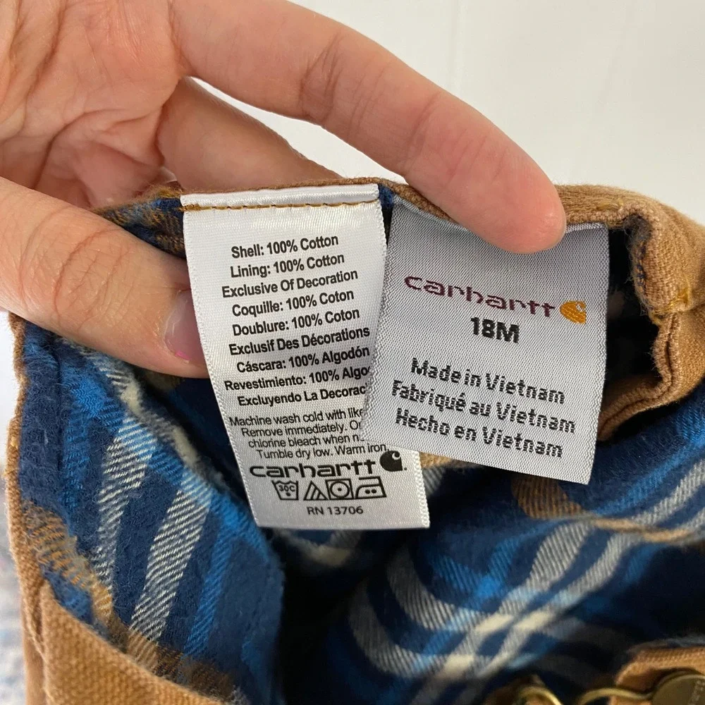 Carhartt Kids Flannel Lined Canvas Bib Overalls Brown Plaid Sz 18M